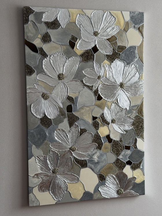 Image 1 of Luxury 3D Silver Flower Wall Art – Resin Mosaic Painting
