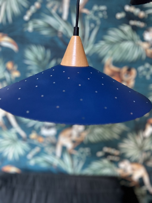Magnifique suspension Herda vintage – Design milieu du siècle (Bleu/Bois)