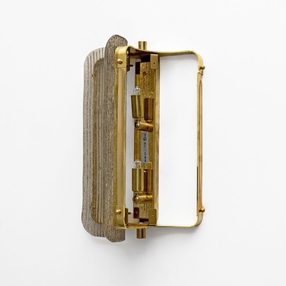 Image 1 of Paar gebogener, gerippter Wandleuchten aus Muranoglas und Messing
