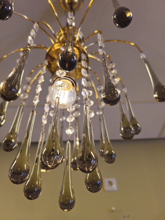 Image 1 of Lampadario a goccia vintage di Murano Lampada a sospensione in ottone fumé