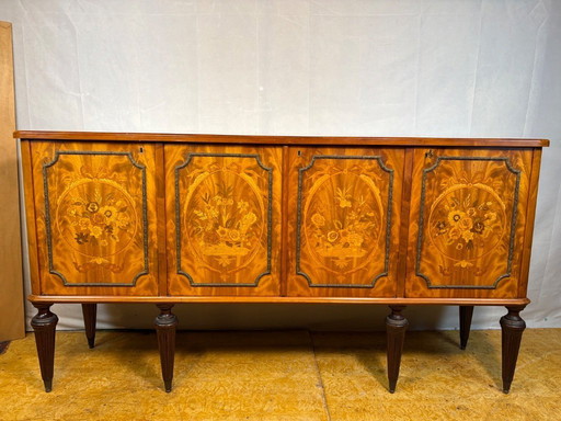 Exceptional Antique Marquetry Inlaid Hall Console / Sideboard – Circa 1900  Satinwood, Tulipwood & Rosewood Floral Inlay 