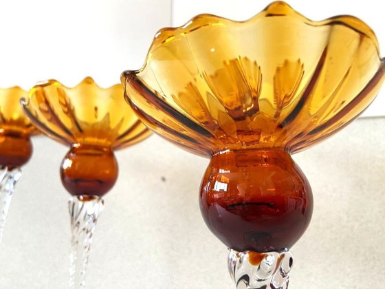 Image 1 of Élégant Quintuor Photophores Bougeoirs en Verre Cristal Art Design Empoli Italie