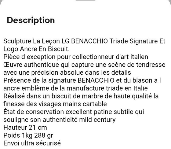 Image 1 of Rare sculpture la leçon LG BENACCHIO triade signature et logo ancre excellent etat