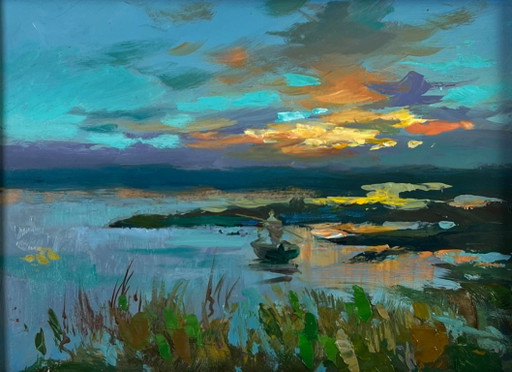 Dipinto a olio originale paesaggistico impressionista con barca e pesca al tramonto