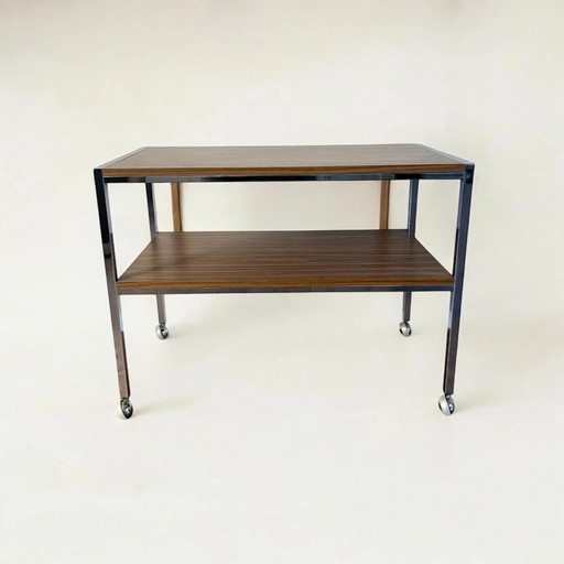 Carrito de Bar Mid Century de Cromo y Teca Formica, años 70, Carrito de Bar Space Age, Carrito de TV Vintage con Ruedas