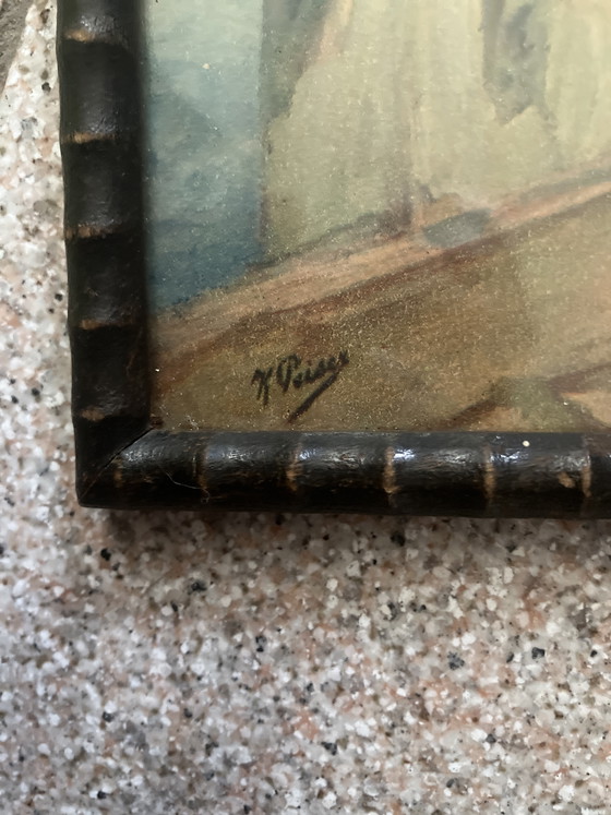 Image 1 of Sfeervol Schilderij P. Lorge - Vissers op de Kade - Inclusief Lijst