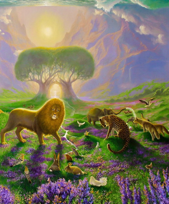 Original Oil Painting Nature Landscape Fantasy Animals Creation of the World – Paintings & Drawings, Canvas (photo 5 of 8)