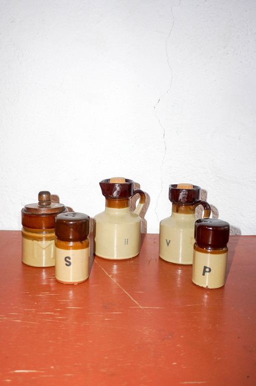 vintage ceramic condiment set * mid century oil and vinegar jugs * salt and pepper shakers * mustard pot * farmhouse kitchen dec