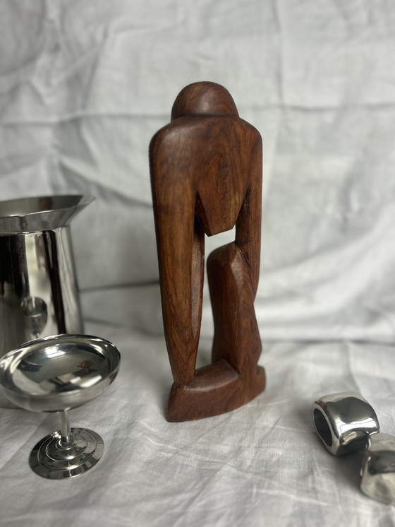 Image 1 of Vintage houten beeld de denker jaren zeventig 70 abstract handgemaakt