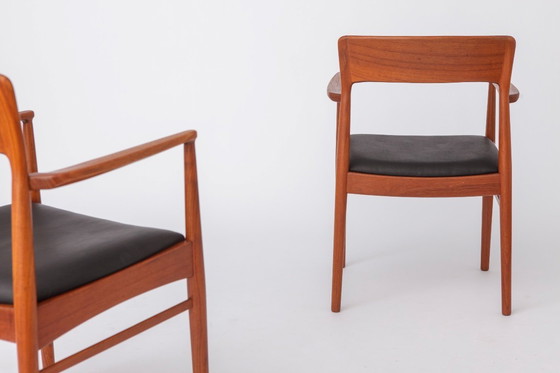 Image 1 of Set of 2 Henning Kjærnulf Armchairs, Korup Stolefabrik 1960s, Danish Teak Chairs, Black Leather, Mid Century Modern