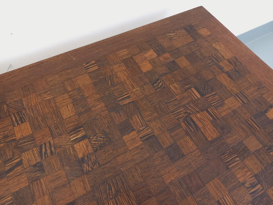 Image 1 of Vintage rectangular coffee table by Dieter Wackerlin in wenge wood mosaic and black metal legs from the 60s/70s