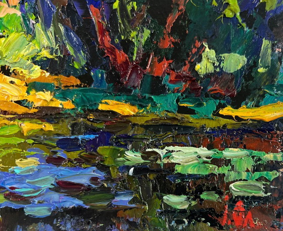Image 1 of Original Oil Painting Summer River Landscape Evening colors of the sky