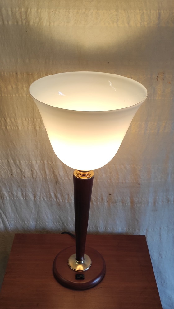 Image 1 of Mazda-style table lamp in wood and opaline glass - mid-20th century