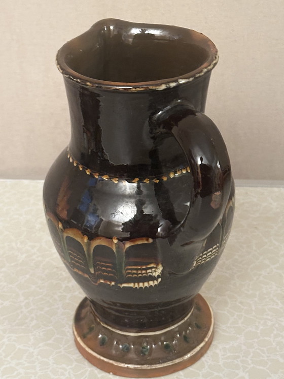 Image 1 of Vintage glazed pottery pitcher from Romania H 27 cm