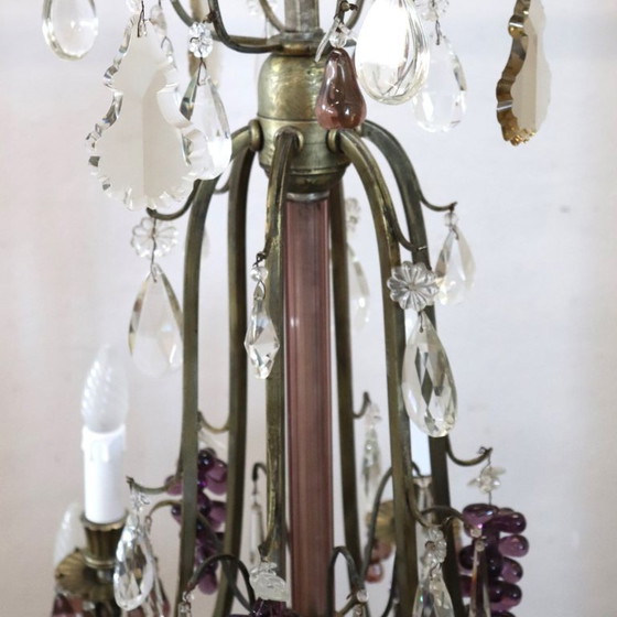 Lámpara de araña de bronce con colgantes de frutas de cristal, 19 bombillas, Italia, principios del siglo XX. (photo 9 of 22)
