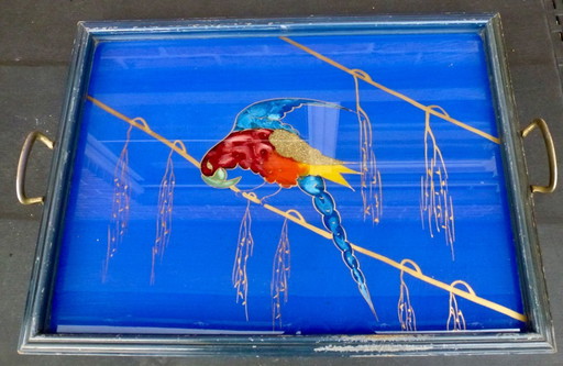 Large Art Deco tray with multicolored parrot (Macaw).