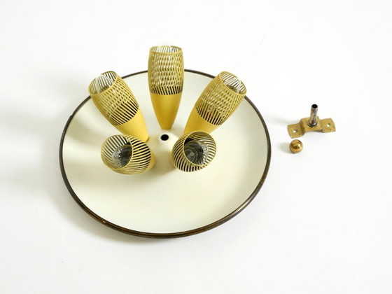 Image 1 of Very rare 5-arm mid-century modern metal bag ceiling lamp with round white reflector