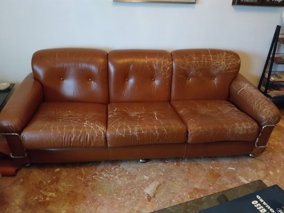 2 Sessel und Sofa, ceriotti, Leder, Chrom, Braun (Foto 6 von 7)