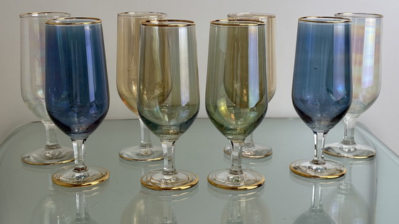 Image 1 of 8 x Vintage iridescent wine glasses or water glasses rainbow glass