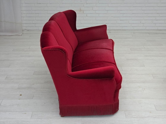 Image 1 of 1960s, Danish 3-seater curved sofa, red furniture velour.