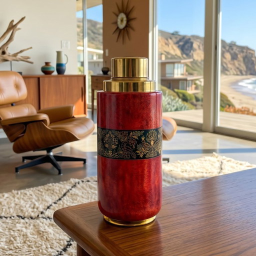 1960s Astonishing Red Cocktail Shaker in Parchment. Made in Italy