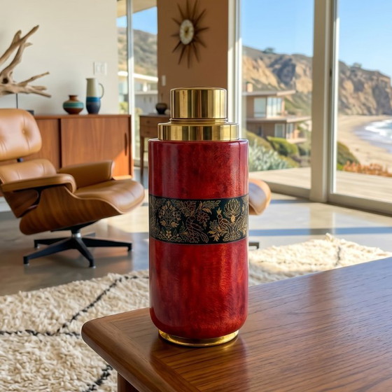 Image 1 of 1960s Astonishing Red Cocktail Shaker in Parchment. Made in Italy