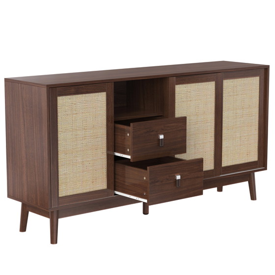 Image 1 of Urban Meuble sideboard in walnut look with 3 sliding rattan doors and 2 drawers 155x38x80cm USOH WALNUT