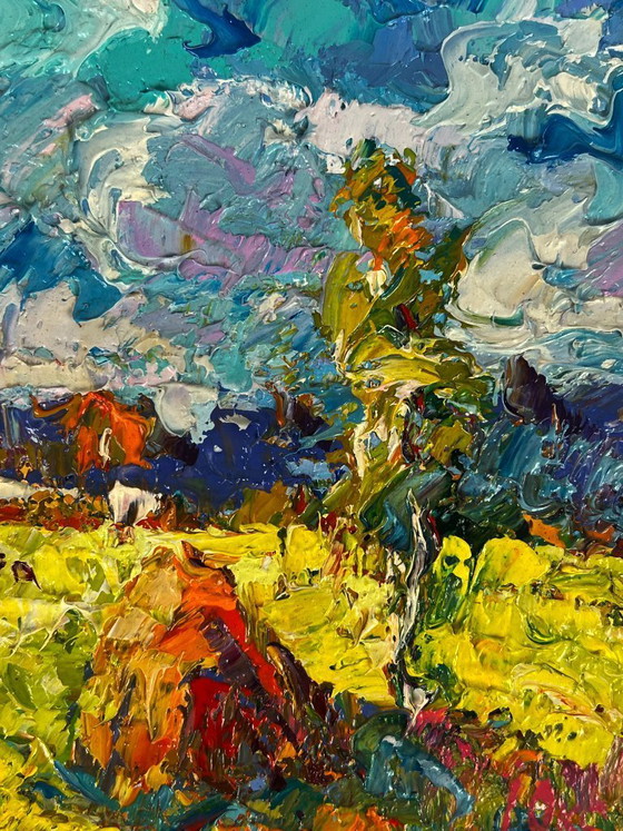 Image 1 of Pintura al óleo original: Paisaje natural de un prado. Ha llegado el principio del otoño.