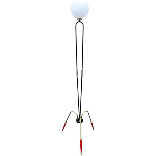 Vintage driepoot vloerlamp in staal, messing en opaline, 1950
