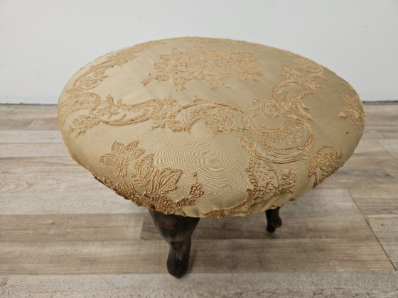 Pouf vintage in noce con seduta rivestita in tessuto, anni '40 – Poggiapiedi e pouf, Textile, Wood (photo 3 of 8)