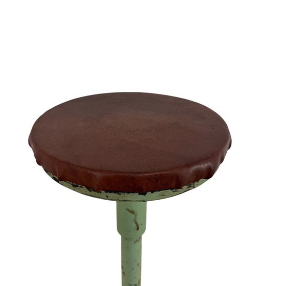 Adjustable stool, mint green metal and brown leather, Vintage (photo 9 of 13)