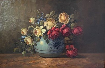 Tilly Moes - Nature morte avec des roses dans un pot de Cologne