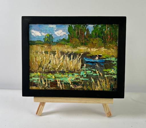 Original Oil Painting Summer River Landscape Where water sleeps