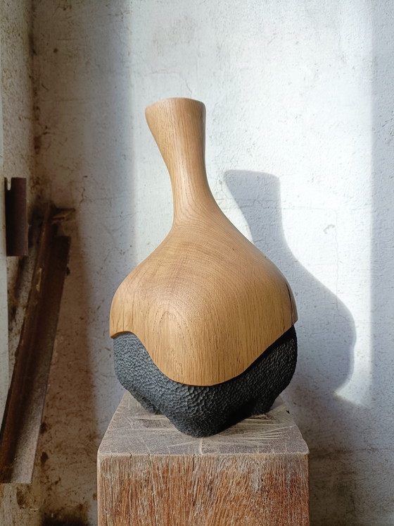 Image 1 of Large vase/sculpture in solid carved and textured oak