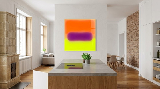 Exhibition piece – Abstract color field painting in neon orange and purple | 95 × 95 cm | 5 mm acrylic glass (photo 6 of 7)
