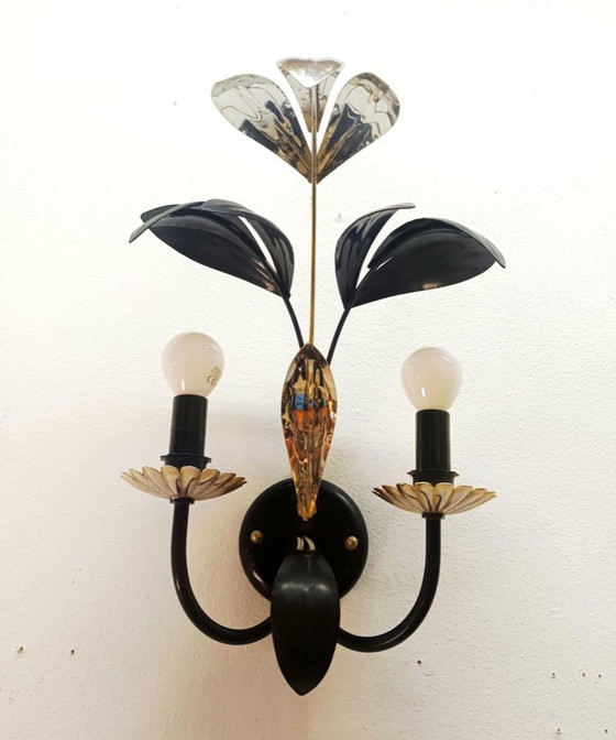 Image 1 of Wandlamp in zwart-gouden Hollywood Regency-bladvorm