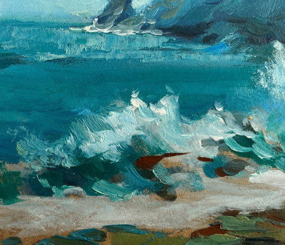 Image 1 of Origineel olieverfschilderij: Zee- en rotslandschap, zeegolven die tegen de rotsen slaan.