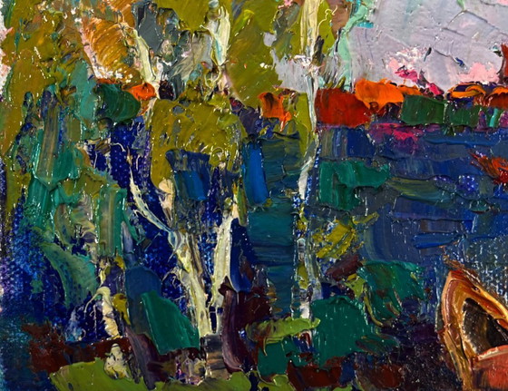 Image 1 of Original Oil Painting Summer River Landscape The first leaves reflected in the water