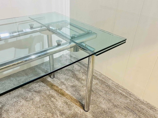 Steel Line (Italie) - Style Le Corbusier - Table à rallonge en chrome et verre