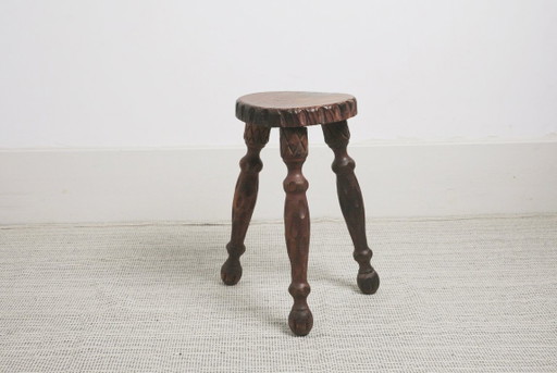 Spanish Revival Brutalist Carved Tripod Wood Stool, Vintage Turned Leg Footstool Plant Stand, Rustic Accent (photo 2 of 12)