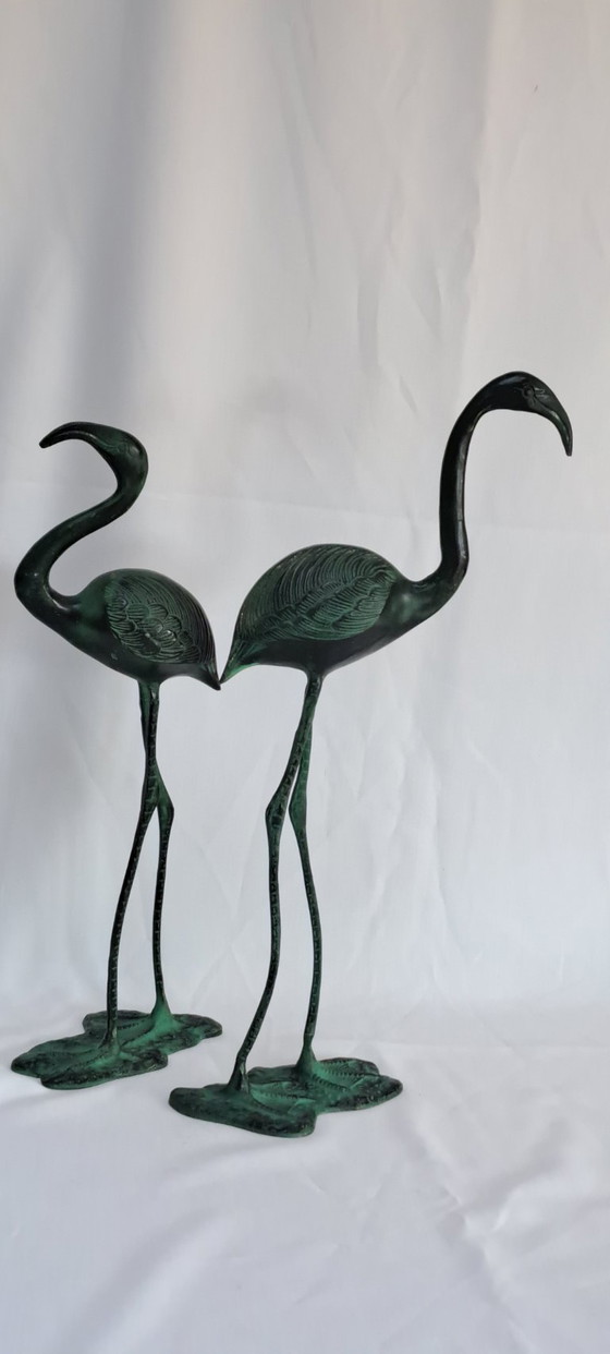 Due sculture di fenicotteri in ottone patinato verde, Oggetti decorativi, 1980 (foto 9 di 16)