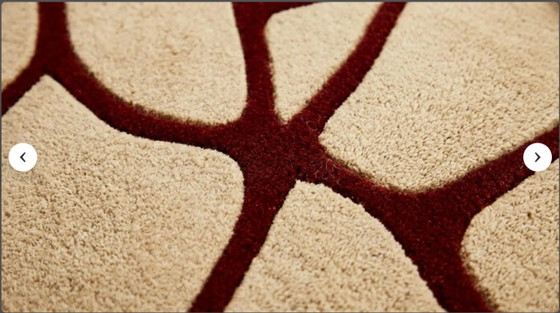 Image 1 of Handgetuft wollen rond vloerkleed, abstract rood aderpatroon, crèmebeige tapijt