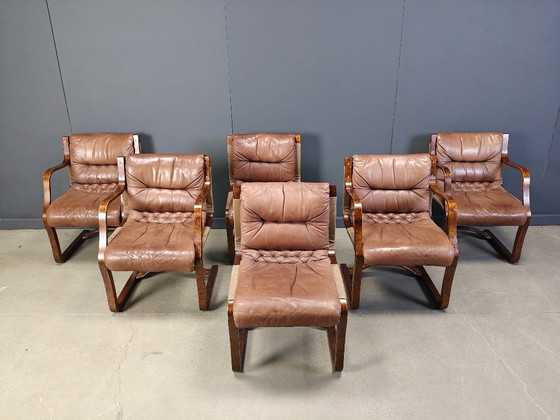 Image 1 of Vintage Asko Pajamies Finland leren multiplex stoelen, set van 6 - jaren 70
