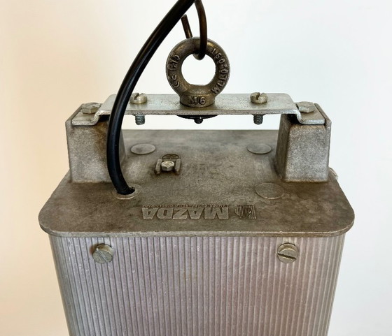 Image 1 of Lampada a sospensione industriale francese in smalto blu scuro di MAZDA, anni '60