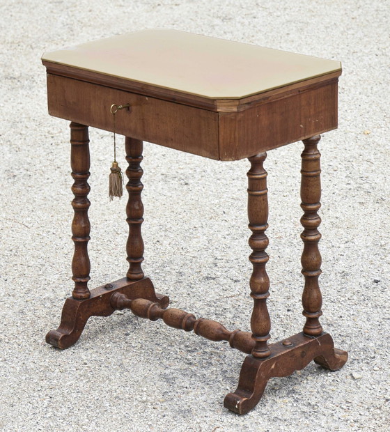 Late 19th Century Italian Occasional Table with Turned Base, Drawer, and Glass Top, Coffee tables, Wood, Brown (photo 4 of 8)