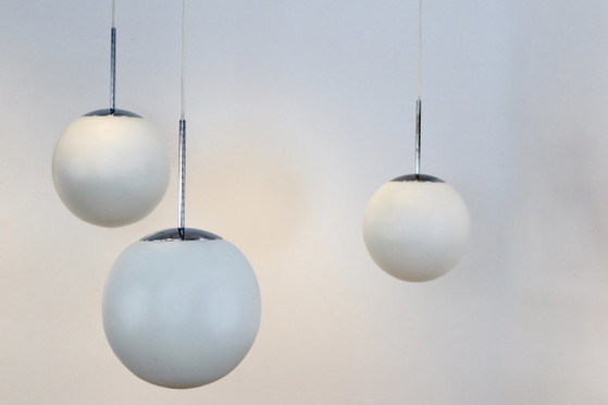 Chrome and Opal Glass Bubble Pendants by Peill & Putzler, designed by Wilhelm Wagenfeld, Pendant lamps, White (photo 3 of 12)