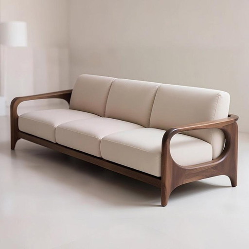 Modern Walnut Leather Sofa Solid Wood Designer Couch, Minimalist Cream Upholstered Sofa for Luxury Living Room