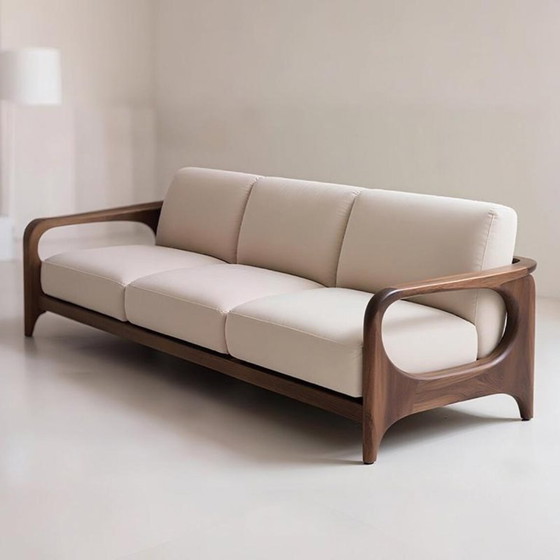 Image 1 of Modern Walnut Leather Sofa Solid Wood Designer Couch, Minimalist Cream Upholstered Sofa for Luxury Living Room