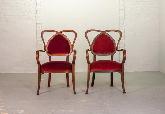 Image 1 of Red Velvet Heartshaped Wooden Vintage Design Side Chairs. Set of 2. 1950s.