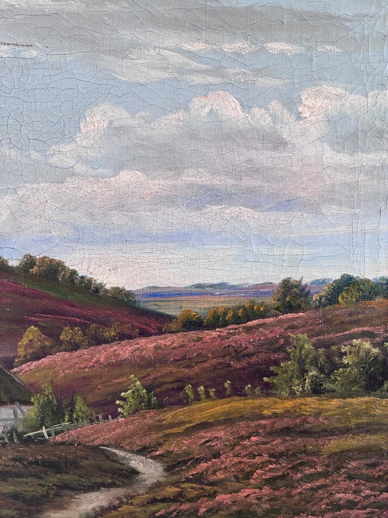 Image 1 of Peinture à l'huile originale ancienne représentant un paysage de campagne, signée.